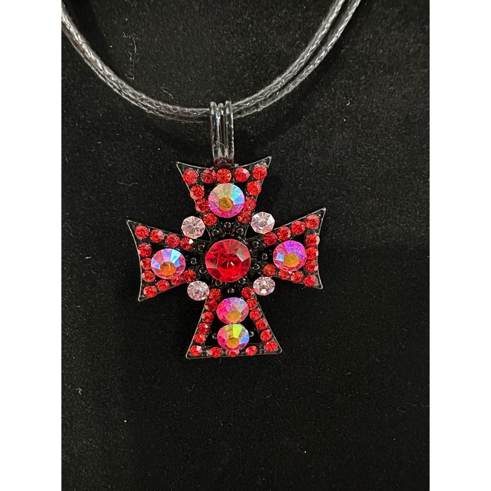 Red Rhinestone Maltese Cross Pendant Necklace Black Cord Goth Emo NN45946-004 - Picture 2 of 7